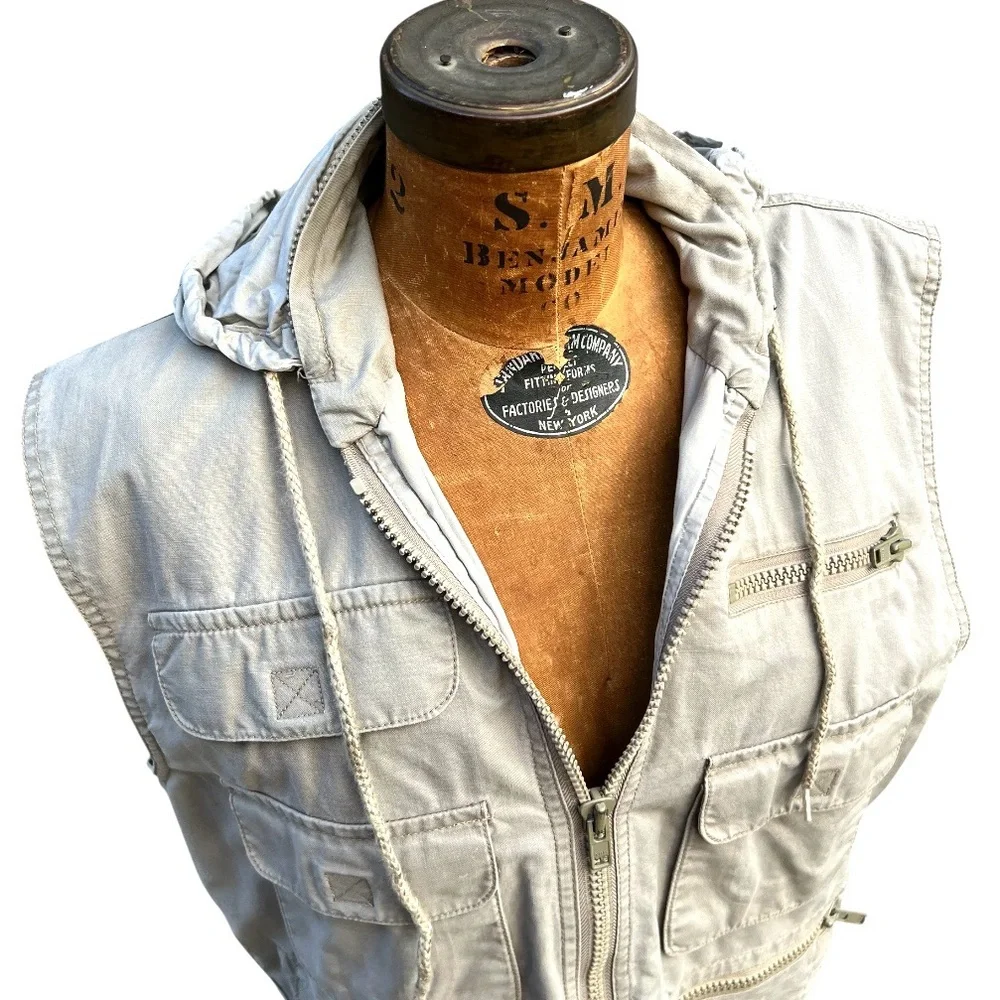 Vintage Banana Republic Men Safari Utility Bush Vest Hooded Hunting Fishing 80’s